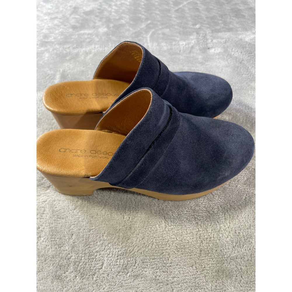 Andre Assous Clog Mules Womens 7 Blue Suede Minimalist Luxury Preppy Portugal